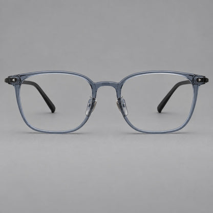 Classic soft square plastic eyeglasses with a gently curved browline and corner studs in Slate Blue, front view additional product view