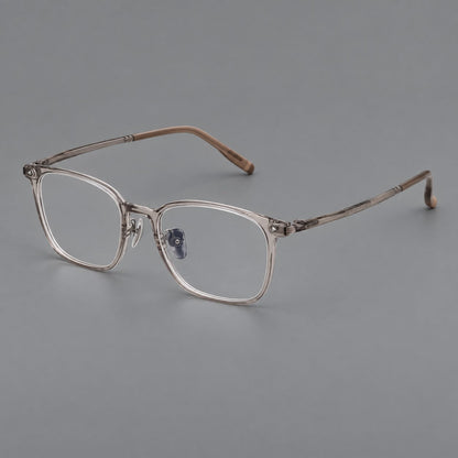 Classic soft square plastic eyeglasses with a gently curved browline and corner studs in Gray Tea, three quarter view additional product view