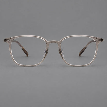 Classic soft square plastic eyeglasses with a gently curved browline and corner studs in Gray Tea, front view additional product view