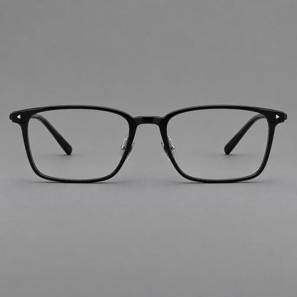 Clean rectangular plastic eyeglasses with flat lower rims and pointed corner details in Glossy Black, front view side view
