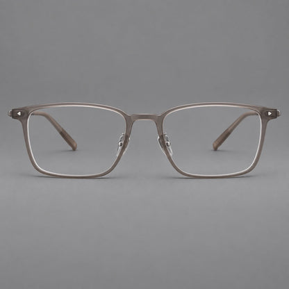 Clean rectangular plastic eyeglasses with flat lower rims and pointed corner details in Matte Tea, front view temple detail