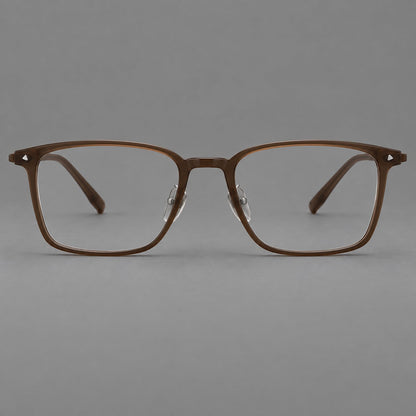 Clean rectangular plastic eyeglasses with flat lower rims and pointed corner details in Tea Brown, front view additional product view