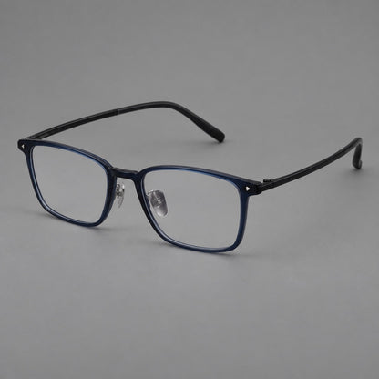 Clean rectangular plastic eyeglasses with flat lower rims and pointed corner details in Blue, three quarter view additional product view