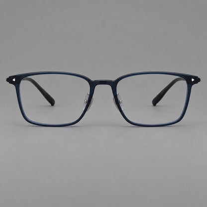Clean rectangular plastic eyeglasses with flat lower rims and pointed corner details in Blue, front view additional product view