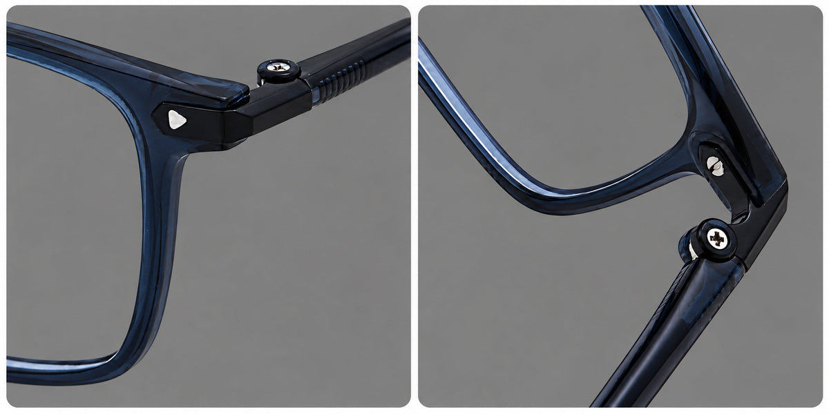 Clean rectangular plastic eyeglasses with flat lower rims and pointed corner details, frame details