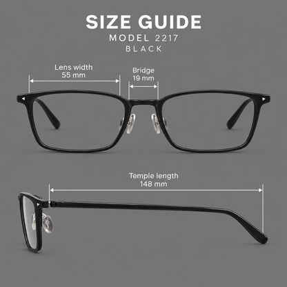 Clean rectangular plastic eyeglasses with flat lower rims and pointed corner details, size guide in millimetres additional product view