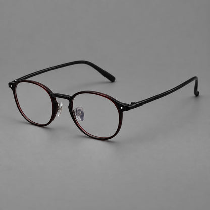 Vintage round plastic eyeglasses with a curved bridge and subtle triangular accents in Deep Wine Red, three quarter view additional product view