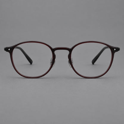 Vintage round plastic eyeglasses with a curved bridge and subtle triangular accents in Deep Wine Red, front view additional product view