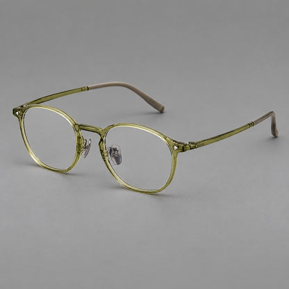 Vintage round plastic eyeglasses with a curved bridge and subtle triangular accents in Light Green, three quarter view additional product view