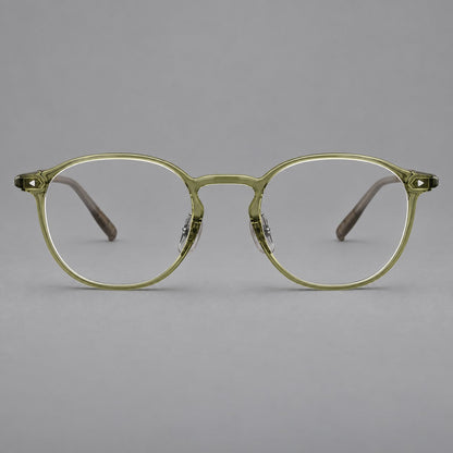 Vintage round plastic eyeglasses with a curved bridge and subtle triangular accents in Light Green, front view additional product view