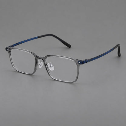 Everyday rectangular plastic eyeglasses with rounded edges and a narrow bridge in Medium Gray, three quarter view front view