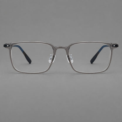 Everyday rectangular plastic eyeglasses with rounded edges and a narrow bridge in Medium Gray, front view frame detail