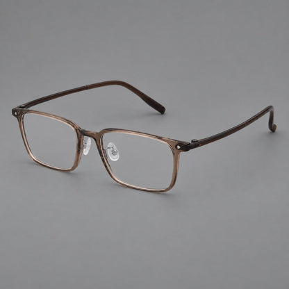 Everyday rectangular plastic eyeglasses with rounded edges and a narrow bridge in Brown, three quarter view lens detail