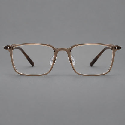 Everyday rectangular plastic eyeglasses with rounded edges and a narrow bridge in Brown, front view temple detail