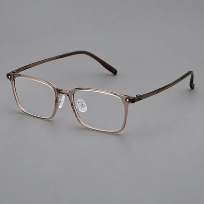 Everyday rectangular plastic eyeglasses with rounded edges and a narrow bridge in Gray Brown, three quarter view additional product view