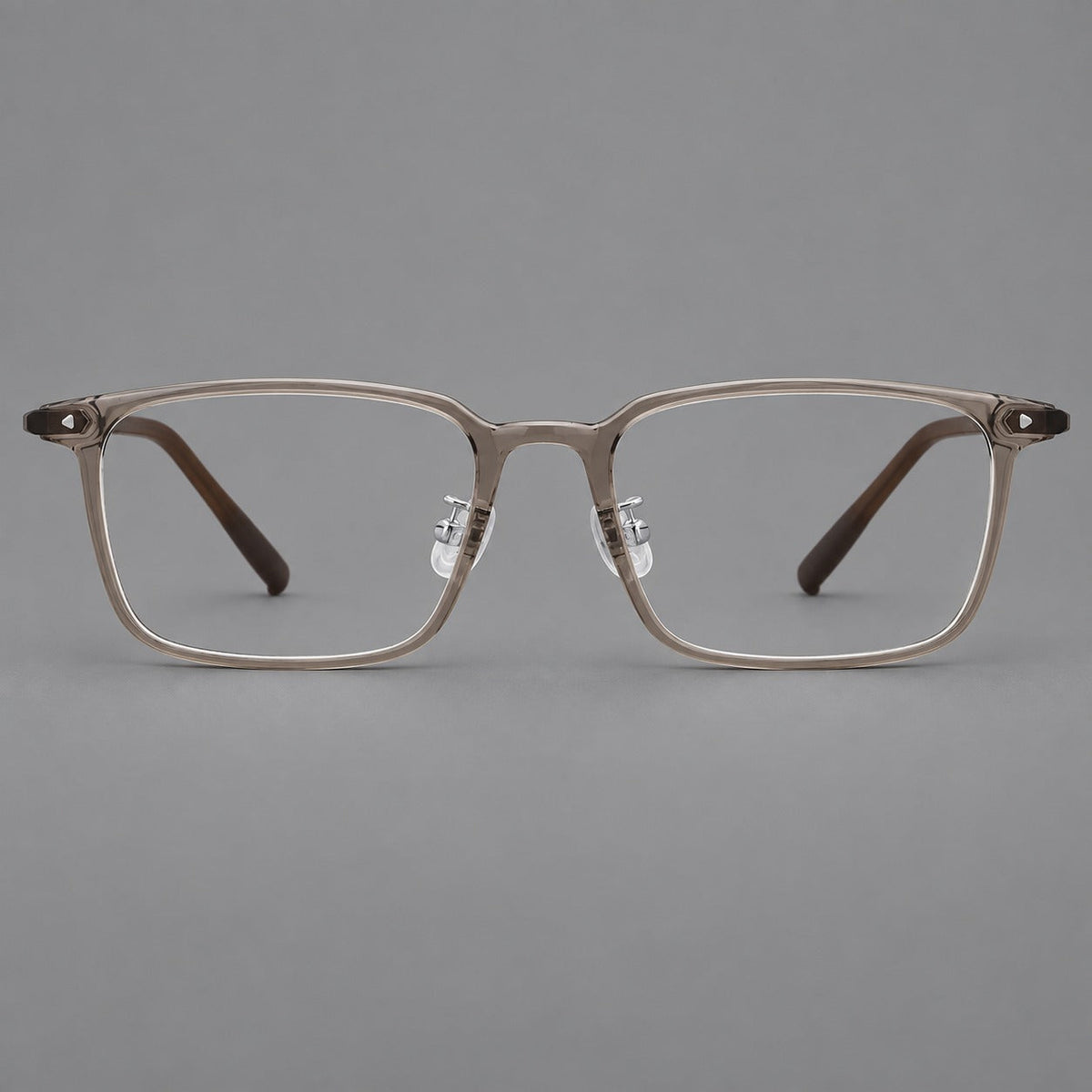 Everyday rectangular plastic eyeglasses with rounded edges and a narrow bridge in Gray Brown, front view