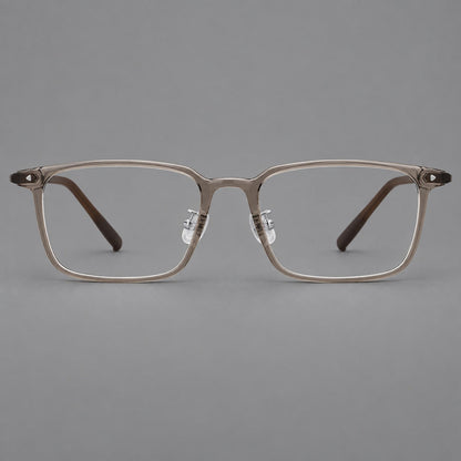 Everyday rectangular plastic eyeglasses with rounded edges and a narrow bridge in Gray Brown, front view additional product view