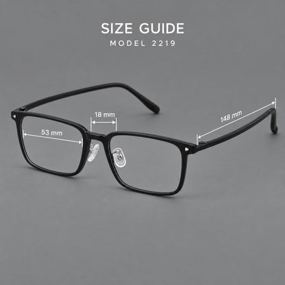 Everyday rectangular plastic eyeglasses with rounded edges and a narrow bridge, size guide in millimetres additional product view