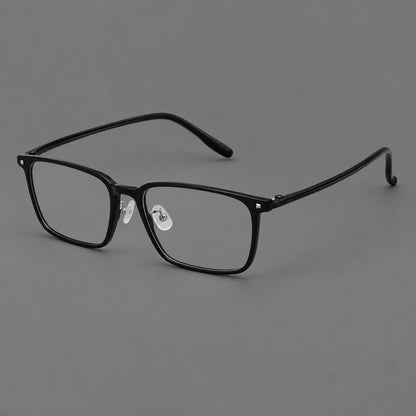 Wide rectangular plastic eyeglasses with an angular browline and slender rims in Glossy Black, three quarter view
