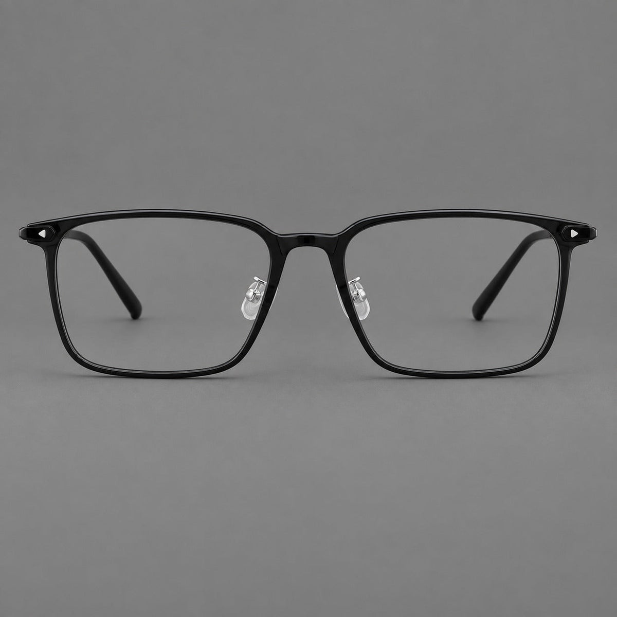 Wide rectangular plastic eyeglasses with an angular browline and slender rims in Glossy Black, front view