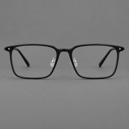 Wide rectangular plastic eyeglasses with an angular browline and slender rims in Glossy Black, front view side view