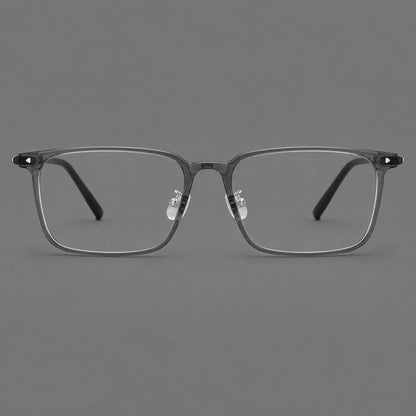 Wide rectangular plastic eyeglasses with an angular browline and slender rims in Medium Gray, front view frame detail
