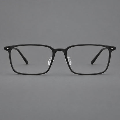 Wide rectangular plastic eyeglasses with an angular browline and slender rims in Matte Black, front view temple detail