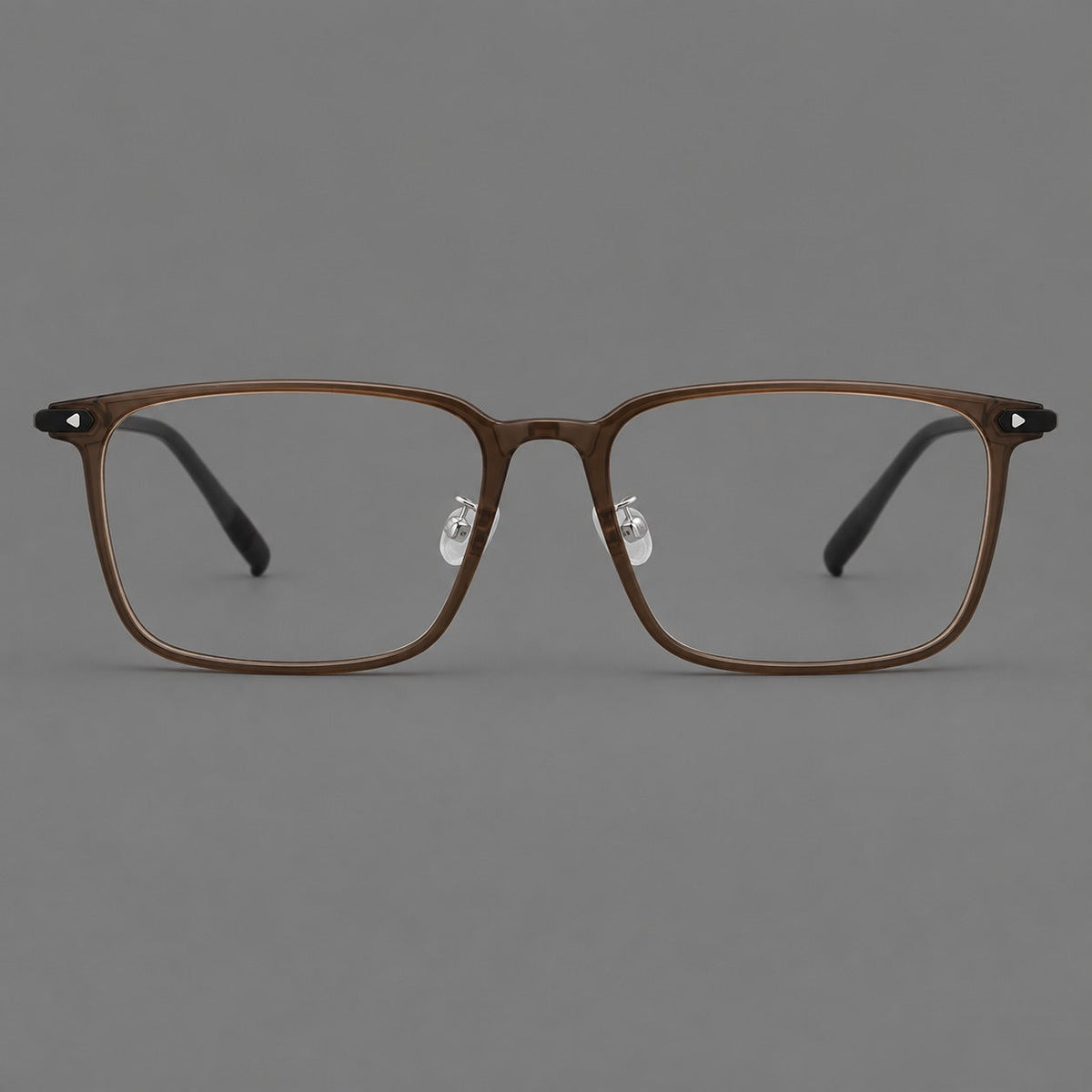 Wide rectangular plastic eyeglasses with an angular browline and slender rims in Tea Brown, front view