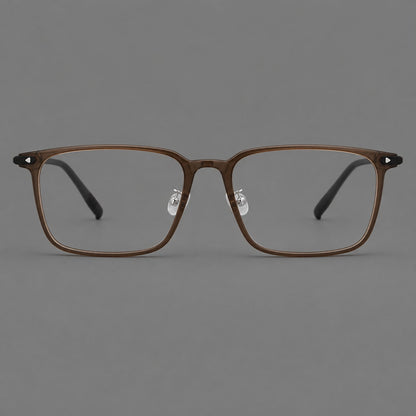 Wide rectangular plastic eyeglasses with an angular browline and slender rims in Tea Brown, front view additional product view