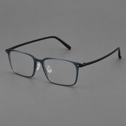 Wide rectangular plastic eyeglasses with an angular browline and slender rims in Blue, three quarter view additional product view