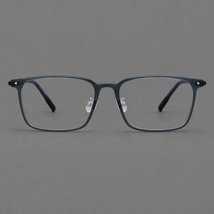 Wide rectangular plastic eyeglasses with an angular browline and slender rims in Blue, front view additional product view