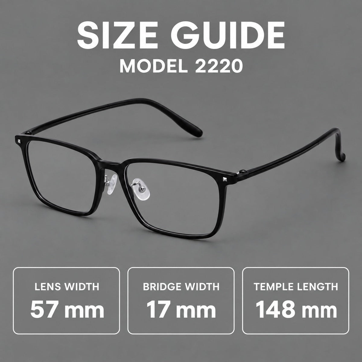 Wide rectangular plastic eyeglasses with an angular browline and slender rims, size guide in millimetres