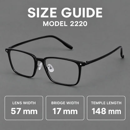 Wide rectangular plastic eyeglasses with an angular browline and slender rims, size guide in millimetres additional product view