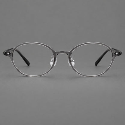 Retro round plastic eyeglasses with softly lifted corners and a sculpted bridge in Gray, front view frame detail