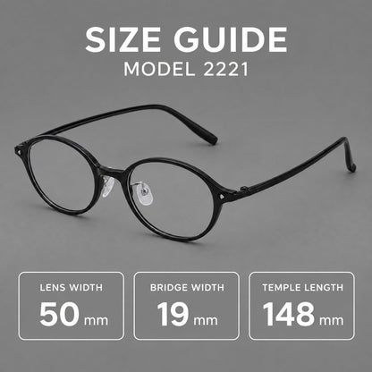 Retro round plastic eyeglasses with softly lifted corners and a sculpted bridge, size guide in millimetres additional product view
