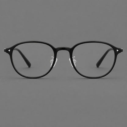 Panto plastic eyeglasses with a rounded silhouette and triangular corner studs in Glossy Black, front view side view