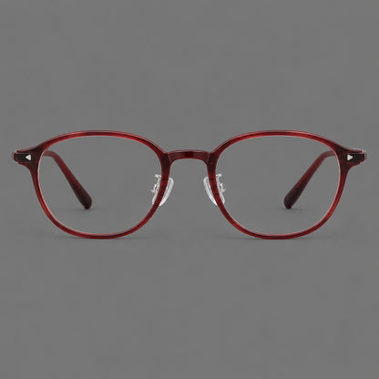 Panto plastic eyeglasses with a rounded silhouette and triangular corner studs in Burgundy, front view temple detail