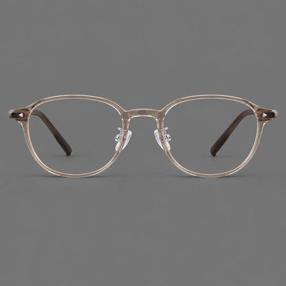 Panto plastic eyeglasses with a rounded silhouette and triangular corner studs in Tea, front view additional product view