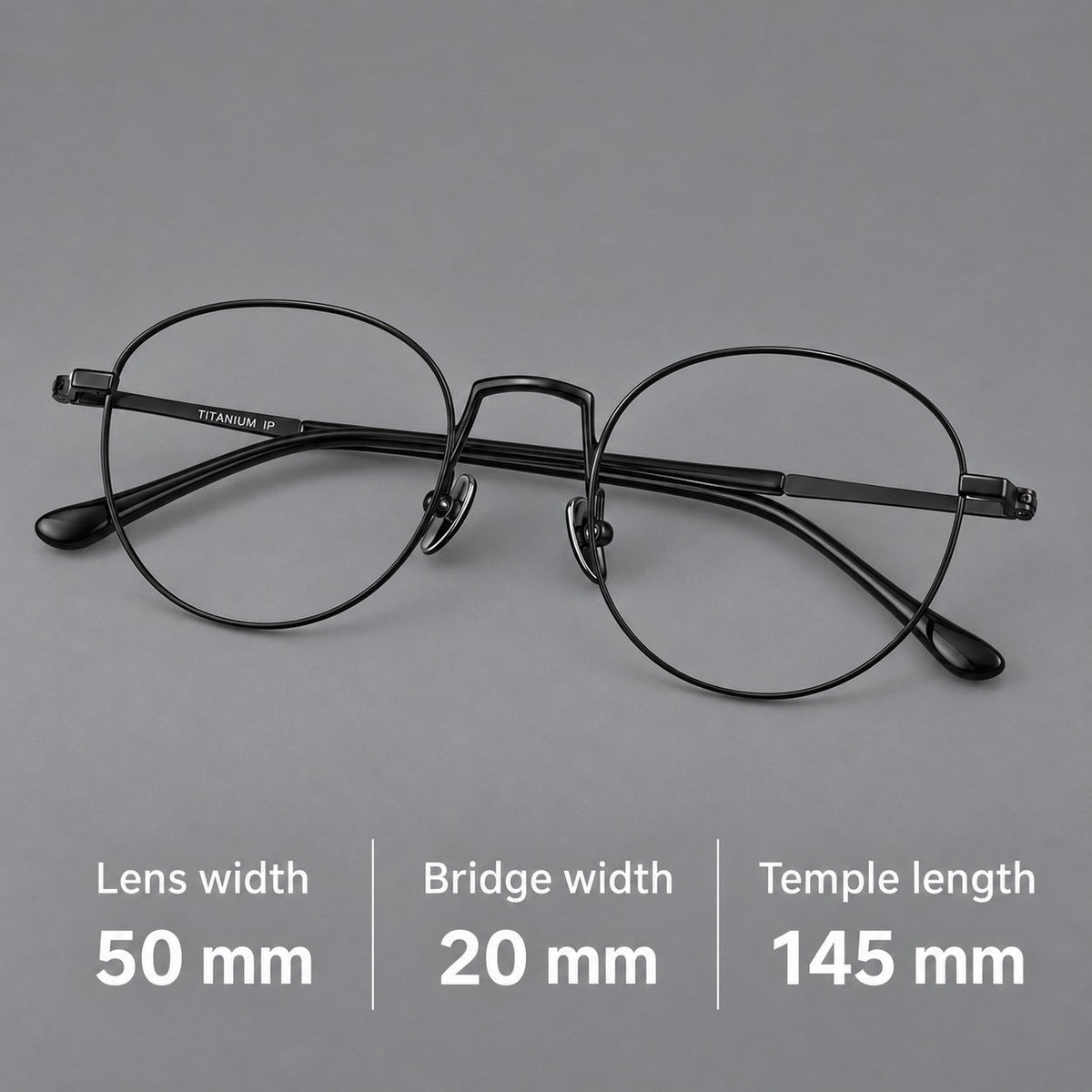 Retro round titanium glasses with a raised bridge and smooth corner shoulders, size guide in millimetres