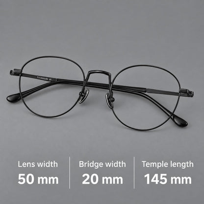 Retro round titanium glasses with a raised bridge and smooth corner shoulders, size guide in millimetres additional product view