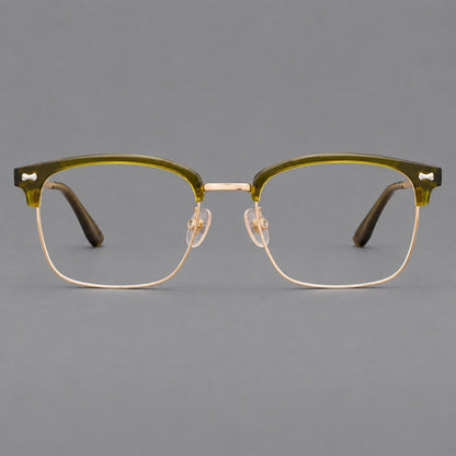Classic browline titanium glasses with fine lower rims and subtle corner accents in Green and Gold, front view temple detail