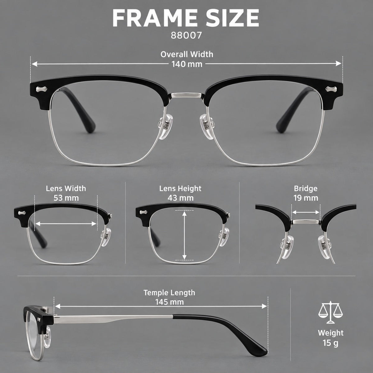 Classic browline titanium glasses with fine lower rims and subtle corner accents, size guide in millimetres