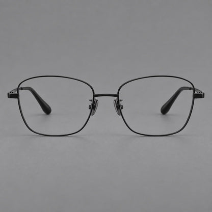 Soft square titanium glasses with angled upper corners and decorated hinges in Black, front view side view