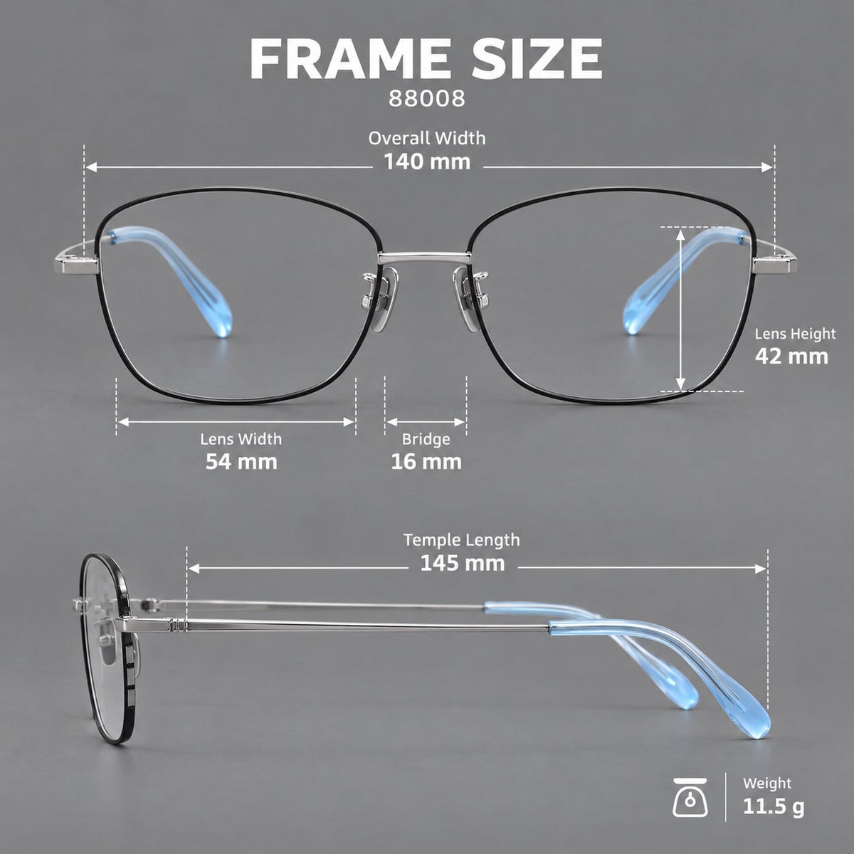 Soft square titanium glasses with angled upper corners and decorated hinges, size guide in millimetres
