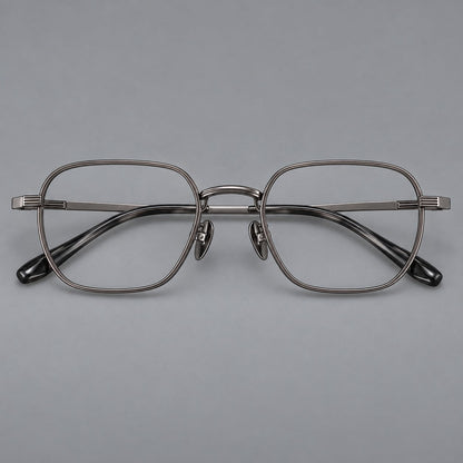 Retro square titanium glasses with rounded rims and finely grooved shoulders in Gunmetal, front view side view