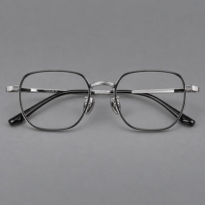 Retro square titanium glasses with rounded rims and finely grooved shoulders in Black and Silver, front view frame detail