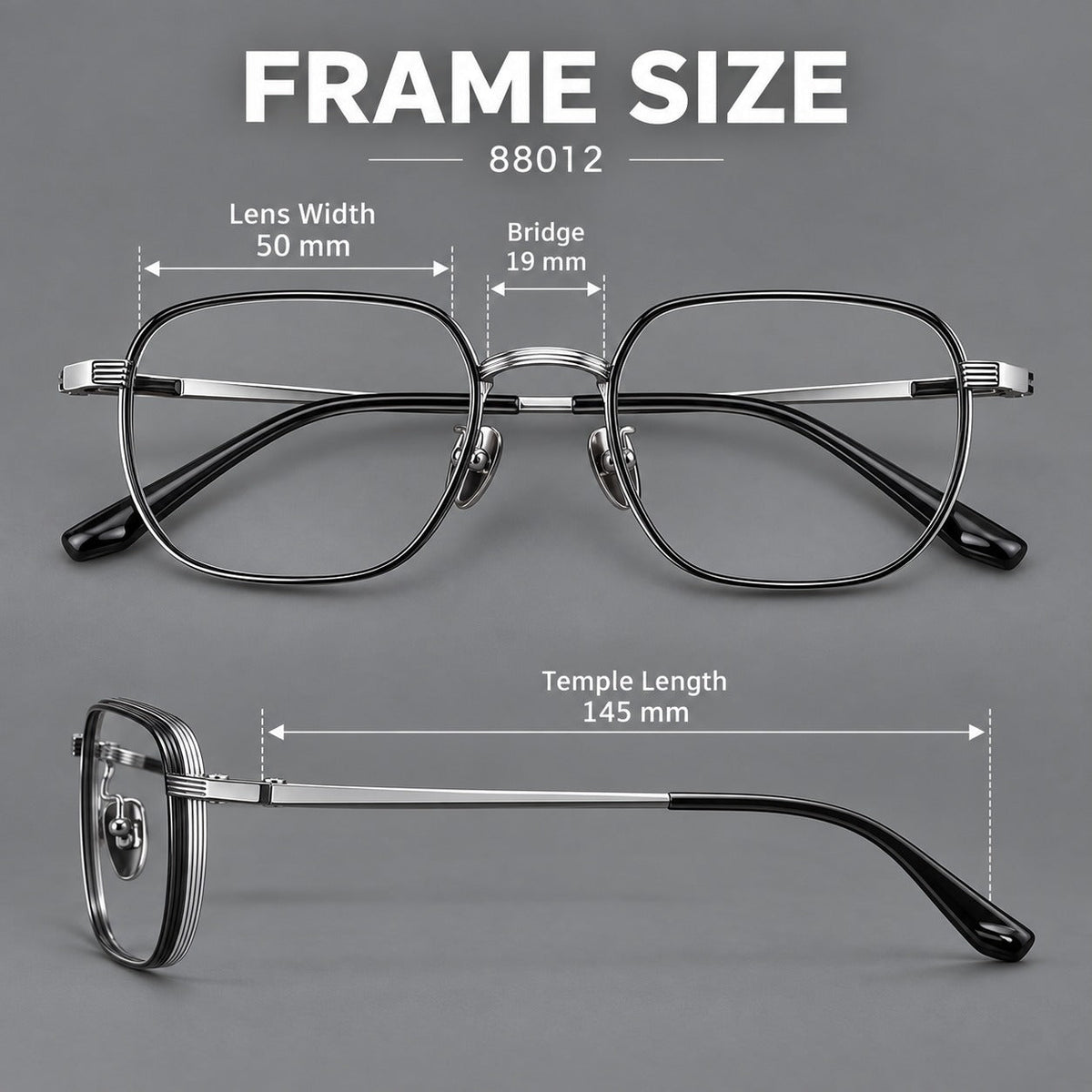 Retro square titanium glasses with rounded rims and finely grooved shoulders, size guide in millimetres