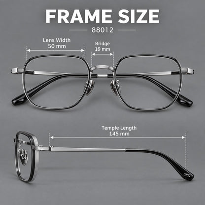 Retro square titanium glasses with rounded rims and finely grooved shoulders, size guide in millimetres additional product view