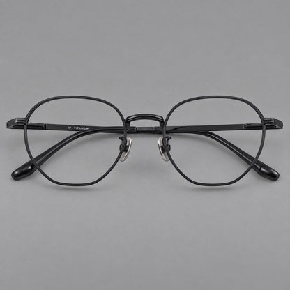 Retro panto titanium glasses with a curved bridge and fine parallel rim grooves in Black, front view side view