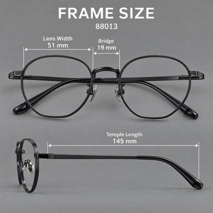 Retro panto titanium glasses with a curved bridge and fine parallel rim grooves, size guide in millimetres additional product view